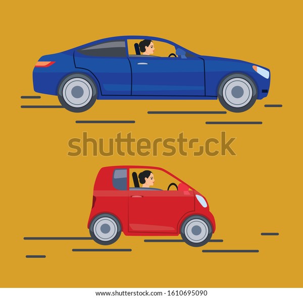 The car is\
a blue-red sedan and hatchback. Drawing of the car. The girl behind\
the wheel of a car. Vector illustration isolated on yellow\
background for design and web in simple\
style.