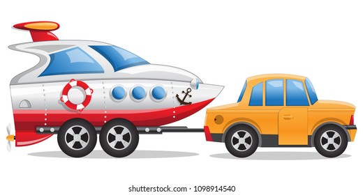 Car with a boat trailer. Side view. Isolated on white background. Vector illustration.