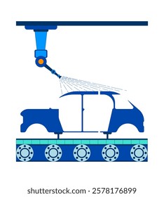 Car body airbrushing with industrial paint robot 2D cartoon object. Automatic spray coating on vehicle frame production line isolated element flat vector clipart on white background. Spot illustration