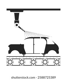 Car body airbrushing with industrial paint robot black and white 2D line object. Automatic spray coating on vehicle frame isolated clip art vector outline item. Monochromatic spot illustration