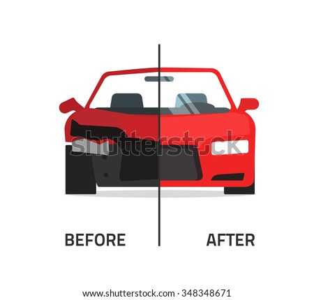 Car body frame repair vector illustration, auto body paint concept, automobile service, vehicle automotive technology help, before after, flat icon isolated on white badge, poster design banner emblem