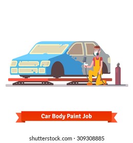 Car Body Paint Job. Painting Specialist Spraying Color On Sealers Masked Auto. Car Collision Repair Shop.  Flat Style Vector Illustration Isolated On White Background.