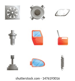 Car body parts icon set. Cartoon set of 9 car body parts vector icons for web design isolated on white background