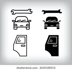 Car body repair and door, rear car equipment icon design. Linear and flat simple set of car equipment icons.