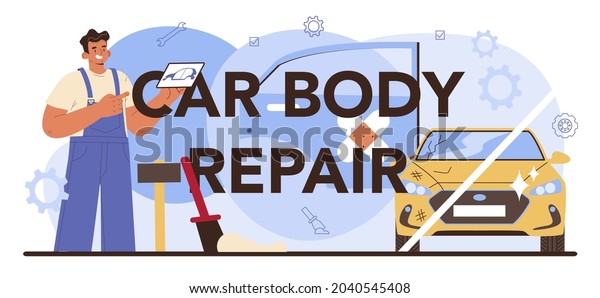Car
body repair typographic header. Automobile got fixed in garage.
Mechanic in uniform check a vehicle and repair it. Straightening
and car denting service. Flat vector
illustration.