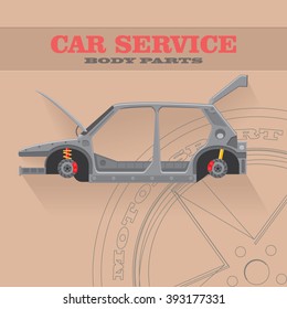 Car body shell with suspension system mechanism on cardboard paper background. Repair car service emblem. Selling car body and parts business. Car industry concept. Cover design. Vector illustration