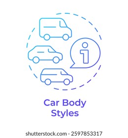 Car body styles blue gradient concept icon. Truck, sedan. Technical information, vehicles. Round shape line illustration. Abstract idea. Graphic design. Easy to use in infographic, presentation