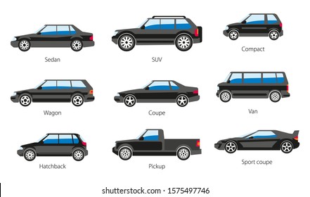 Car body types isolated icons, vehicle carcass shape vector. Sedan and SUV, compact and wagon, coupe and van, hatchback and pickup, sport. Transport model names and automobile capacity kinds