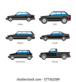 Car body types vector flat icons of sedan and coupe wagon, pickup or hatchback van models. Side view