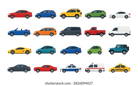 Car body types, vehicle classification, and automotive models side view flat vector illustration set. Clean icons depicting red sedan, blue hatchback, yellow SUV, green crossover, white coupe, blue convertible, orange station wagon, dark grey minivan, red pickup truck, white cargo van, yellow sports, teal electric EV with lightning bolt, blue hybrid with leaf icon, compact city, rugged off-road 4x4, dark luxury car, red muscle car, police cruiser, medical emergency ambulance, and yellow taxi isolated on white background.