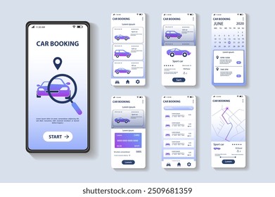 Car booking app concept in flat design. A collection of mobile app UI screenshots showing a car booking system with features like vehicle selection, user ratings and other. Vector Illustration.