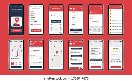Car booking unique design kit for mobile app. Online rent car order screens with chat, rating, user profile and city map. Car sharing service UI, UX template set. GUI for responsive mobile application