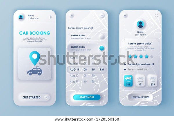 Car booking unique neumorphic design kit for\
mobile app neumorphism style. Online rent car order screens with\
prices. Car sharing service UI, UX template set. GUI for responsive\
mobile application.