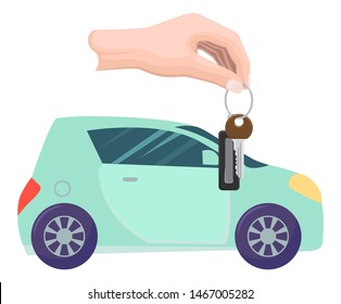 Car bought by character vector, hand with keys. Property transportation flat style. Automobile of modern type, owner with transport automotive sport. Buy new car. Flat cartoon