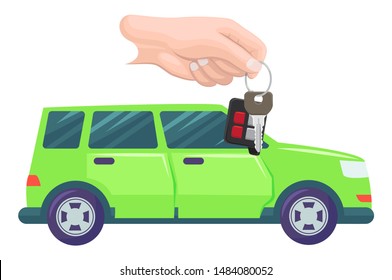 Car bought by character vector, hand with keys. Property transportation flat style. Automobile of modern type, owner with transport automotive sport. Buy new green car. Flat cartoon