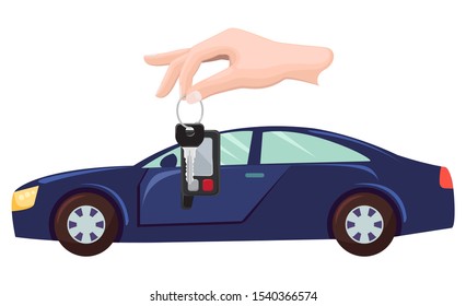 Car bought by character vector, hand with keys. Property transportation flat style. Automobile of modern type, owner with transport automotive sport. Buy new car. Flat cartoon