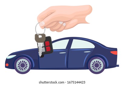Car bought by character vector, hand with keys. Property transportation flat style. Automobile of modern type, owner with transport automotive sport. Buy new blue car. Flat cartoon