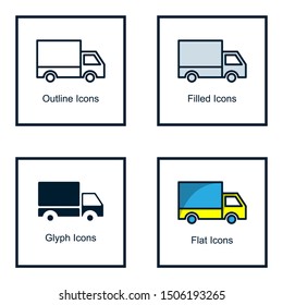 CAR BOX LOGO WITH SOME KINDS OF STYLES, LINE ICONS, FILLED ICONS, GLYPH ICONS, AND FLAT ICONS