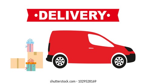 Car with boxes. Delivery service. Vector van. Delivery company. Flat car. Gifts and card boxes.