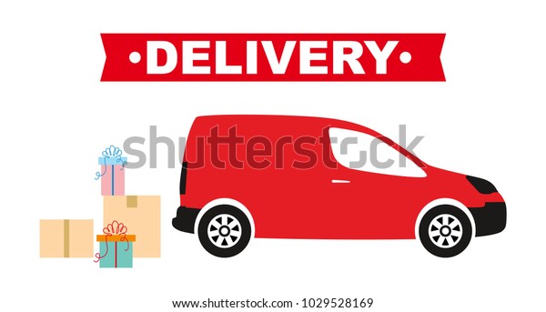 Car with boxes. Delivery\
service. Vector van. Delivery company. Flat car. Gifts and card\
boxes.