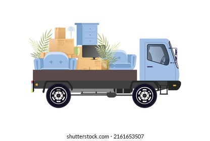 Car with a lot of boxes and things. Moving house concept. Isolated on white background. Illustration in vector