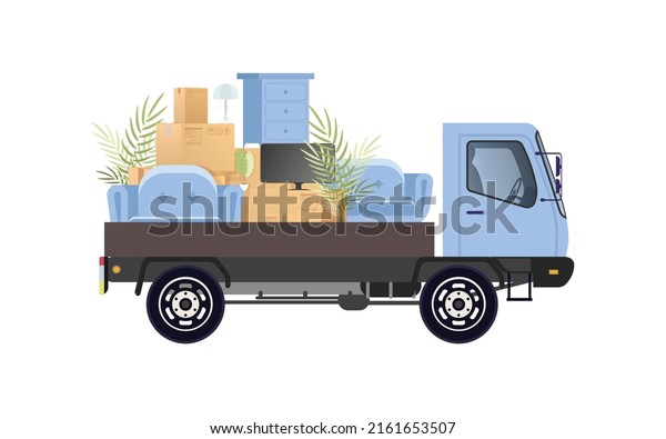 Car with a lot\
of boxes and things. Moving house concept. Isolated on white\
background. Illustration in\
vector