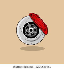 The car brake disc and caliper in red are isolated. Caliper illustration design vector hand drawn style.