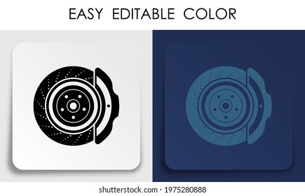 car brake disc icon on paper square sticker with shadow. Brake pads, car parts. Car maintenance in workshop. Vector