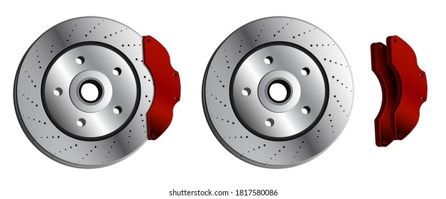 disco de freno de coche con almohadillas de freno rojas. Almohadillas de freno, partes del coche. Mantenimiento en el taller. Vector de estilo realista