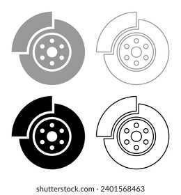 Sistema de engranaje de la pieza del disco del freno de coche conjunto icono negro gris ilustración vectorial imagen contorno de contorno de relleno sólido línea delgado estilo plano