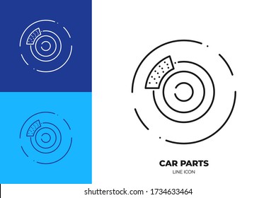 Car brake line art vector icon. Outline symbol of automobile stop pad. Vehicle caliper pictogram made of thin stroke. Isolated on background.