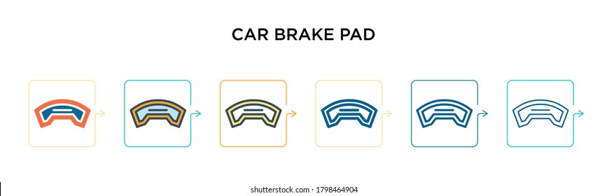 Car brake pad vector icon in 6 different modern styles. Black, two colored car brake pad icons designed in filled, outline, line and stroke style. Vector illustration can be used for web, mobile, ui