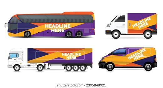 car branding template design set of Coach Promo tour Bus, Cargo Van, and Commercial Car isolated on grey. Abstract hi-tech technology geometric elements for Brand identity and Advertising