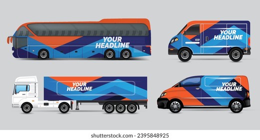car branding template design set of Coach Promo tour Bus, Cargo Van, and Commercial Car isolated on grey. Abstract hi-tech technology geometric elements for Brand identity and Advertising