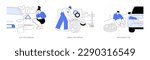 Car breakdown abstract concept vector illustration set. Flat tire problem, mobile repair service, replacing a tire, calls an insurance broker, road accident, vehicle maintenance abstract metaphor.