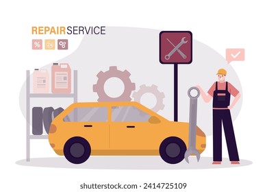 Car breakdown. Auto with problem, repair service, replacing tires, road accident, vehicle maintenance abstract metaphor. Repairman professional with wrench. flat vector illustration