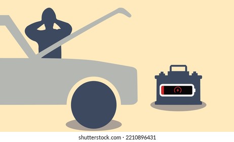 Car breakdown. The battery is empty. A helpless man stands in front of a car with a dead battery.