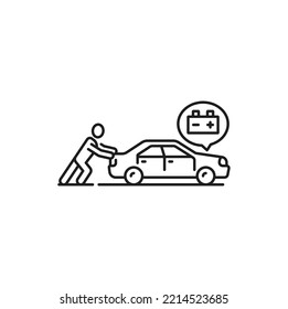 Car Breakdown Or Failure Thin Line Icon. Automobile Damage Insurance Cover, Vehicle Breakdown Outline Vector Icon Or Line Pictogram With Driver Pushing Car With Broken Or Discharged Battery