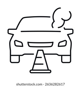 Car breakdown icon depicting a vehicle with smoke and a warning cone illustrating car problems on the road