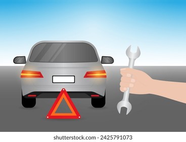 Car Breakdown. Mechanic Fixing Car. Vector Illustration. 