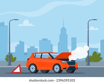 Car breakdown on the road emitting smoke with the hood open and warning sign behind. City on background. Vector illustration