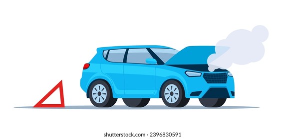 Car breakdown on the road emitting smoke with the hood open and warning sign behind. Vector illustration