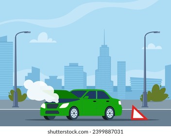 Car breakdown on the road emitting smoke with the hood open and warning sign behind. City on background. Vector illustration