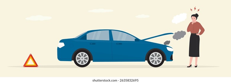 Car breakdown on the road. Engine problem. Car with open hood and hazard sign on the road. Highway accident. Unhappy woman driver standing near broken car. Horizontal banner. flat vector illustration