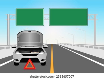 Autopanne mit offener Haube auf der Straße. Gebrochenes Auto. Vektorgrafik. 