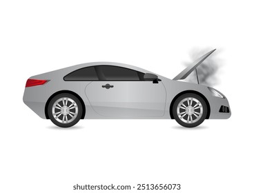 Descomposición del coche con capota abierta y Smoke. Coche roto. Ilustración vectorial. 