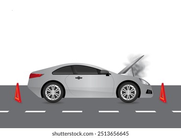 Ruptura de coche con Open Hood y Smoke en la carretera. Coche roto. Ilustración vectorial. 