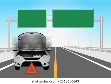 Autopanne mit offener Kapuze und Rauch auf der Straße. Gebrochenes Auto. Vektorgrafik. 