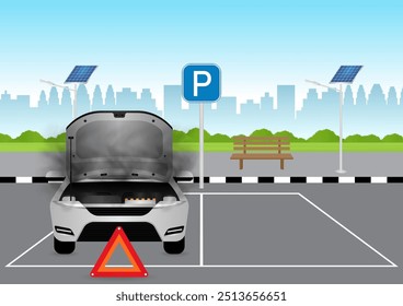 Autopanne mit offener Kapuze und Rauch auf der Straße. Gebrochenes Auto. Vektorgrafik. 