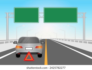 Car Breakdown with Red Triangle Emergency Sign on Highway Road. Vector Illustration. 